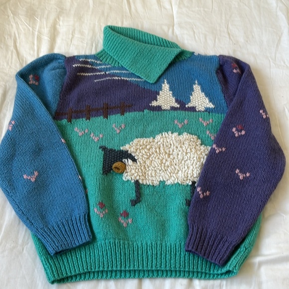 Vintage Cottagecore Farm Sheep Shetland Hand Knit Wool By The Eagle’s Eye Size L - Picture 2 of 9
